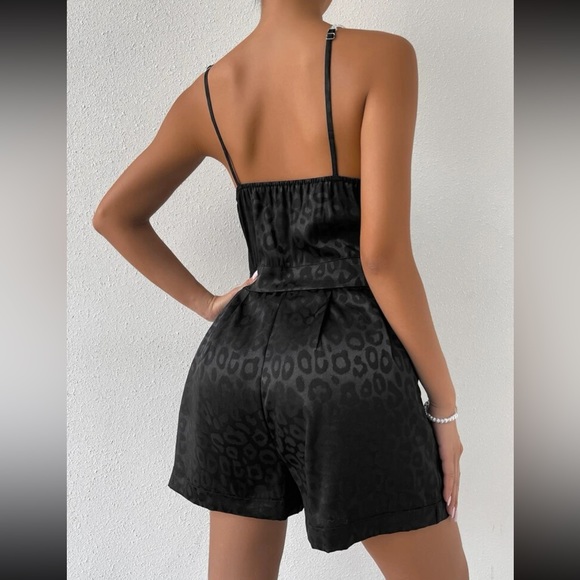 Shein Leopard Print Rhinestone Strap Satin Cami Romper - Picture 2 of 8